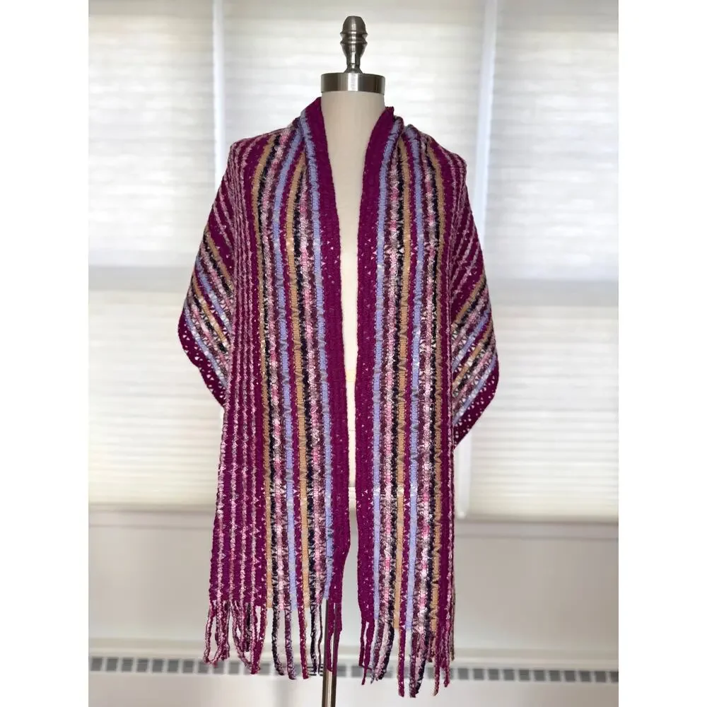 Vintage Missoni Scarf, Mohair Blend, Burgundy Pink Stripe, Fringe, Italy, NEW